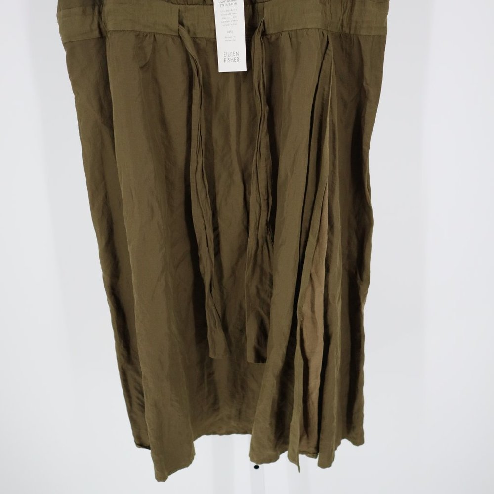 Eileen Fisher Sleeveless Satin Tie Waist V-Neck Dress Green/Brown - Picture 4 of 11
